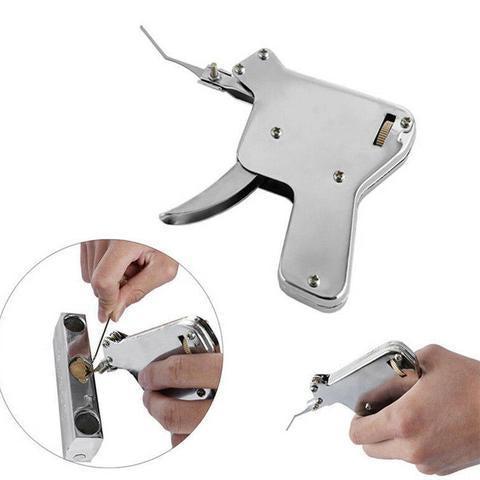 Compact gun-style locksmith tool with built-in spring for picking pin and disc tumbler locks. Lacquer coated, pocket knife design for professional use.